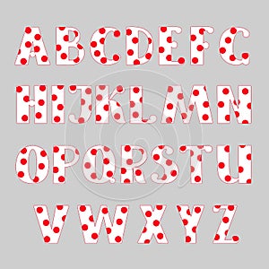 Capital white decorated with red polka dot hand drawn letters of English alphabet simple cartoon style vector illustration