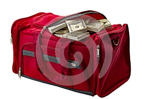 Capitalism, money stash and loot in handbag conceptual idea with duffle bag made of red material full of banknote heap isoalted on