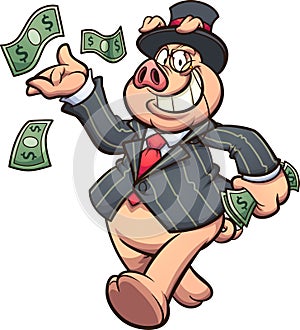 Capitalist rich pig throwing money at the air.