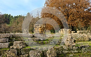 Capitals of pillars from the Temple of Zeus at Olympia Greece sit on moss covered rocks from acient ruins with winter trees in the