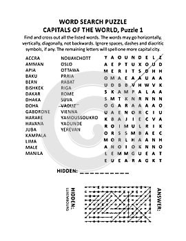 Capitals of the world word search puzzle, puzzle 1 of 10