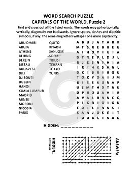 Capitals of the world word search puzzle, puzzle 2 of 10