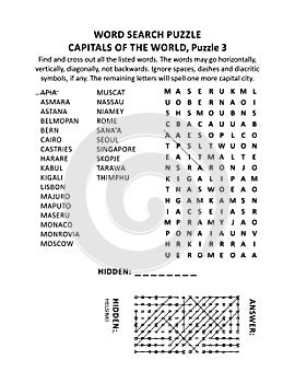 Capitals of the world word search puzzle, puzzle 3 of 10