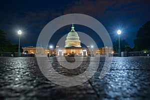 Capitol building at night, Capitol Hill, Washington DC. Photo of Capitol Hill landmarks.