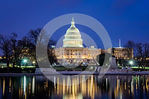 Capitol Building at Night in District of Columbia with Reflection