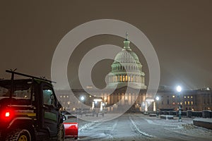 Capitol building in snow. Winter Capitol hill, Washington DC. Capitols dome in winter night snow. After the Snow