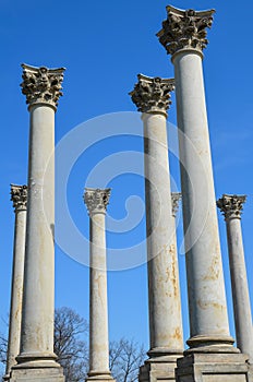 The Capitol Columns in the National Arboretum in Washington DC against a blue sky