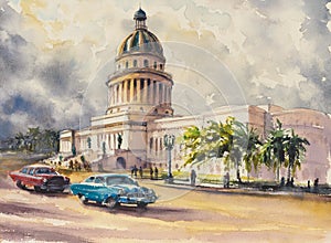 Capitol in Havana watercolors painted.