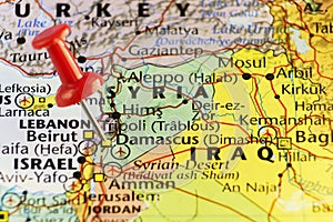 Capitol of Syria, Damascus, red pin