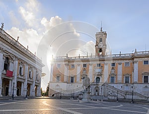 Capitoline Hill in Rome, Italy: on background Statue of Roman Emperor Marcus Aurelius in front of the Palazzo Senatorio.