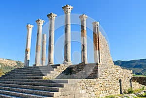 Capitoline Temple in Roman ruins, ancient Roman city of Volubilis. Morocco