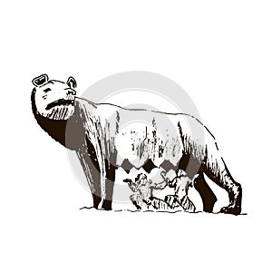 Capitoline Wolf. Rome city symbol. she-wolf t Beautiful hand drawn vector sketch illustration. Italy. isolated on white