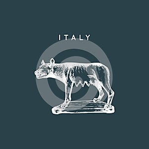 The Capitoline Wolf sculpture drawing. Rome touristic symbol. Vector hand sketched illustration of Italy sights