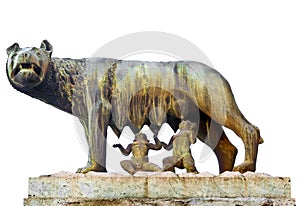 Capitoline Wolf Statue, near Piazza del Campidoglio, Rome, Italy. Isolated on white background