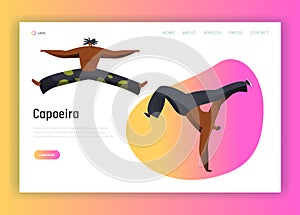 Capoeira Brazil Man Combat Dance Landing Page. Latino Male Character Handstand Acrobatic Samba Dancer National Brazilian