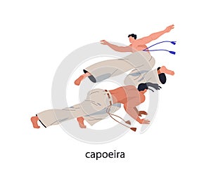 Capoeira, dance fighting. African-Brazilian martial art. Fighters game to music. Two athletes battle, combat in motion, action,