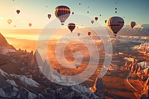 Cappadocia air balloons flying at sunset in Turkey