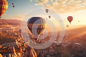 Cappadocia air balloons flying at sunset in Turkey