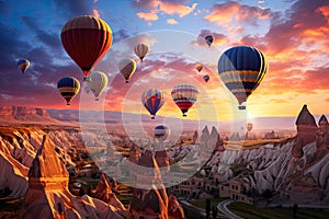 Cappadocia air balloons flying at sunset in Turkey