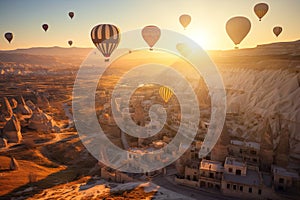 Cappadocia air balloons flying at sunset in Turkey