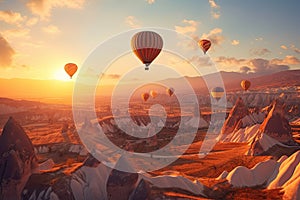 Cappadocia air balloons flying at sunset in Turkey