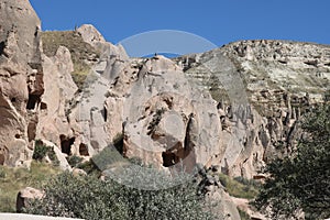 Cappadocia cave houses in tuff formations in Turkey.