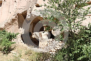 Cappadocia cave houses in tuff formations in Turkey.