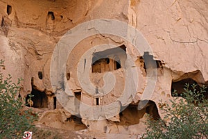 Cappadocia cave houses in tuff formations in Turkey.