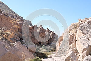 Cappadocia cave houses in tuff formations in Turkey.