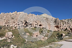 Cappadocia cave houses in tuff formations in Turkey.