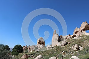 Cappadocia cave houses in tuff formations in Turkey.