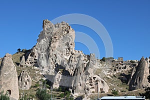 Cappadocia cave houses in tuff formations in Turkey.