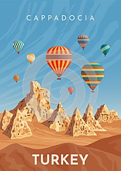 Cappadocia hot air balloon flight. Travel to Turkey. Retro poster, vintage banner. Flat vector illustration