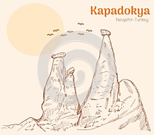 Cappadocia - nevsehir turkey. hand drawing vector illustration