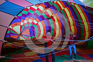 Cappadocia, Turkey - JUNE 01,2018: Festival of Balloons. Flight on a colorful balloon between Europe and Asia. Fulfillment of desi