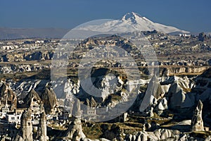 Cappadocia with the volcano Erciyes in the background in Turkey