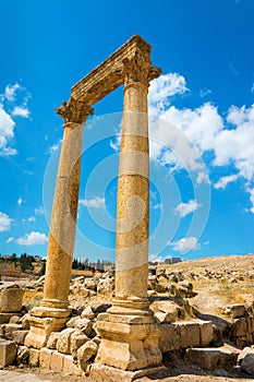 Capped pillars in Jerash Jordan site of an ancient Roman ruin