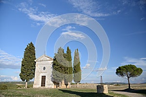 Cappella della Madonna di Vitaleta - Tiny, secluded chapel framed by cypress trees