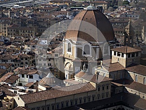 Cappelle Medicee Florence Aerial view cityscape from giotto tower detail near Cathedral Santa Maria dei Fiori, Brunelleschi Dome