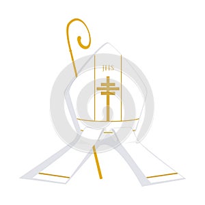 White and gold miter with gold episcopal crosier photo