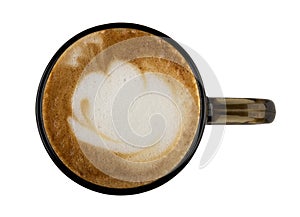 Cappuccino in brown cup isolated on white. Top view