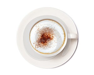 Cappuccino coffee, Coffee cup top view isolated on white background. with clipping path