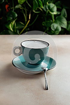 Cappuccino coffee cup, Against a backdrop of green plants