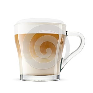 Cappuccino coffee with frothed milk foam in transparent glass cup isolated on white