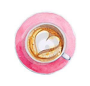 Cappuccino coffee with heart decoration in ceramic cup. Hand drawn watercolor