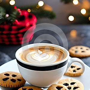 Cappuccino coffee and heart design on it with cookies.