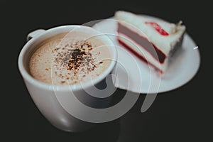 Cappuccino Coffee and Red Velvet Cake with Vintage Film Look
