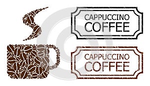 Cappuccino Coffee Scratched Seals with Notches and Hot Coffee Cup Mosaic of Coffee Grain