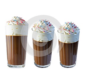 Cappuccino coffee with whipped cream in a tall glass. Cream confectionery. Isolate on a white background.