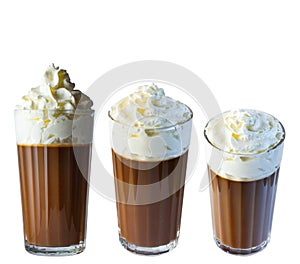 Cappuccino coffee with whipped cream in a tall glass. Isolate on a white background.